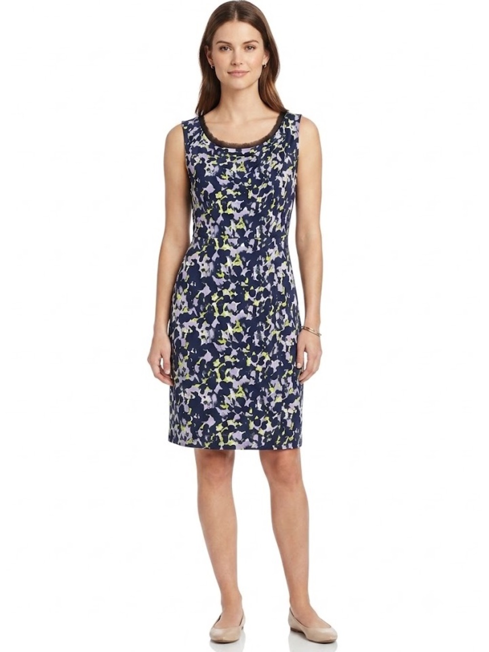 Vera Wang Navy Multicolor Floral-Print Sheath Dress.